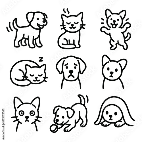 Pet Emotion Icons. Line style icons of pet emotions and behaviors: wagging tail dog, purring cat pose, excited paw jump, pet
