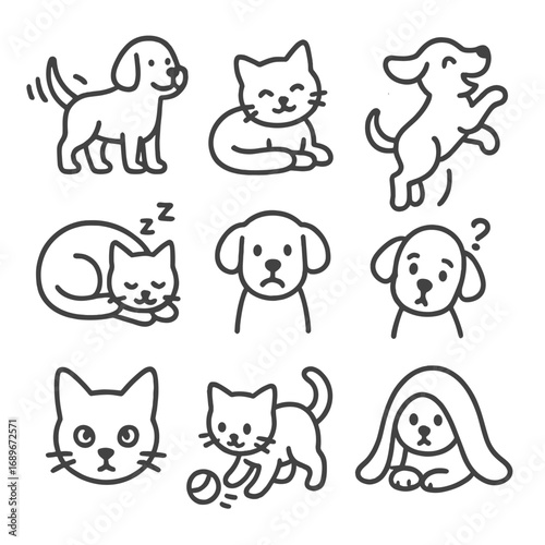 Pet Emotion Icons. Line style icons of pet emotions and behaviors: wagging tail dog, purring cat pose, excited paw jump, pet