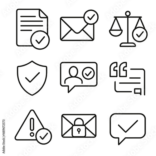 Trusted Communication Icons. Line style icons of trusted communication and source validation: checkmark on article, verified