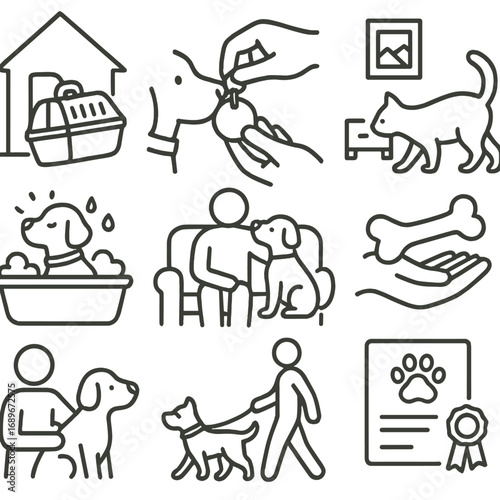 Pet Adoption Moments. Line style icons of pet adoption and first day home: pet carrier entering house, new tag being attached, pet