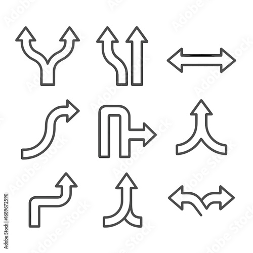Arrow Design Icons. Line style icons of mirrored and split arrow designs: two arrows splitting apart, converging arrows into one,