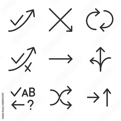Directional Decision Icons. Line style icons of arrows with text or meaning: yes arrow, no arrow cross, maybe with loop arrow,