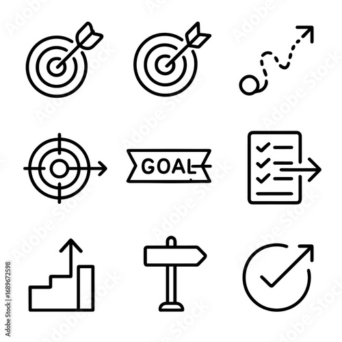 Goal and Target Icons. Line style icons of goal and target arrows: dart hitting target, arrow through bullseye, objective with