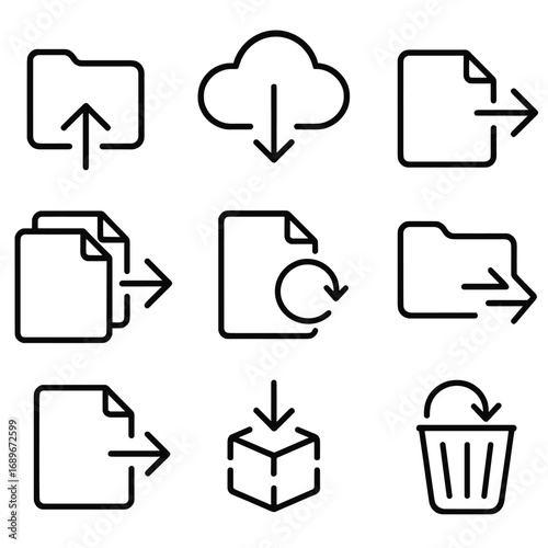 File Operation Icons. Line style icons of arrows in file and folder operations: upload to folder arrow, download from cloud icon,