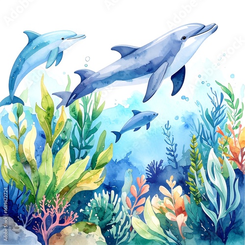 Dolphins swimming in vibrant underwater coral reef