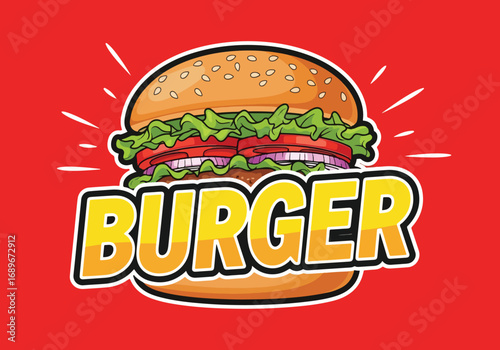 Vector art of burger logo with sesame bun, lettuce, tomato, onion, and beef patty in bold emblem style, ideal for restaurant branding, fast food menus, and marketing promotions