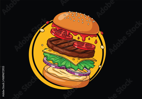 Vector art of burger logo with sesame bun, beef patty, cheese, lettuce, tomato, onion, and sauce in a bold emblem design, perfect for restaurant branding, fast food menus, and promotions