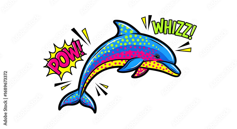 Fototapeta premium Dive into fun with this vibrant dolphin isolated on transparent background, bursting with comic book energy, featuring bold colors, dynamic action, and playful sound effects
