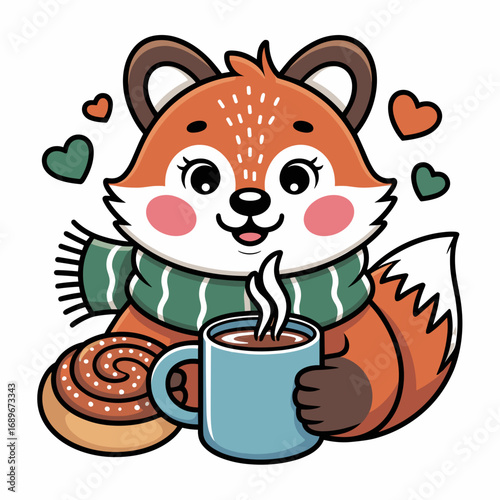 Cozy Fox with Chai and Cinnamon Bun Illustration