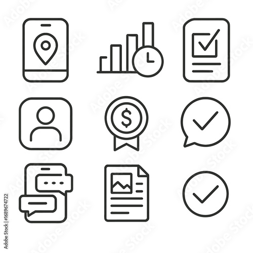 Freelance Service Icons. Line style icons of freelance and on-demand services: gig app icon, hourly rate chart, task request form,