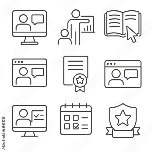 Educational Icons Set. Line style icons of educational and training services: online class icon, training session chart, open book