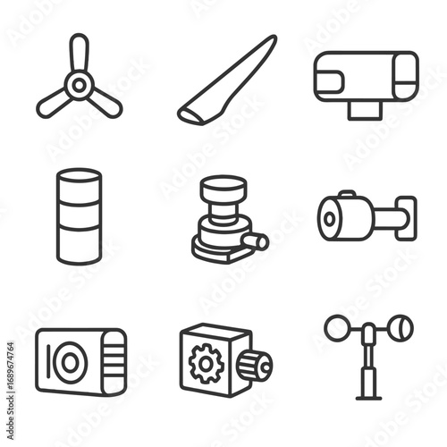 Offshore Wind Components. Line style icons of Offshore Wind Turbine Components: rotor hub, blade section, nacelle housing, tower