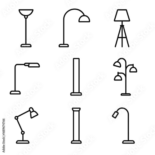 Floor Lamp Icons. Line style icons of Floor Lamp Shapes: torchiere lamp, arc floor lamp, tripod lamp, pharmacy lamp, column LED