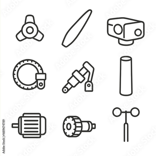 Offshore Wind Components. Line style icons of Offshore Wind Turbine Components: rotor hub, blade section, nacelle housing, tower