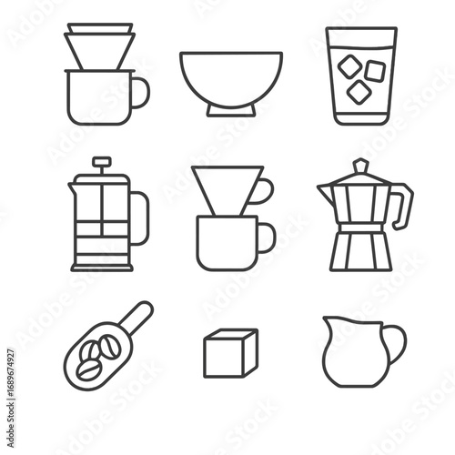 Coffeehouse Classics Icons. Outline style icon of Coffeehouse Classics: drip coffee mug, café au lait bowl, cold brew glass,