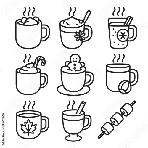 Warm Winter Drinks Icons. Outline style icon of Warm Winter Drinks: hot chocolate mug, chai latte, spiced apple toddy, peppermint