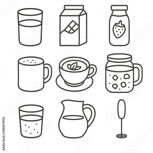 Dairy Drink Icons. Outline style icon of Dairy Milk Drinks: plain milk glass, chocolate milk carton, strawberry milk bottle,