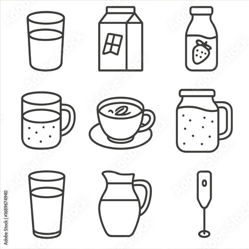 Dairy Drink Icons. Outline style icon of Dairy Milk Drinks: plain milk glass, chocolate milk carton, strawberry milk bottle,