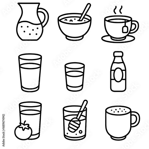 Breakfast Beverage Icons. Outline style icon of Breakfast Beverages: orange juice carafe, smoothie bowl straw, breakfast tea cup,