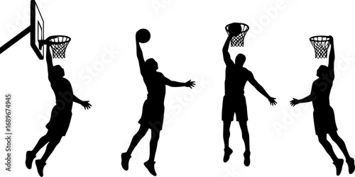 a black icon silhouette of a basketball player dunking on a basket isolated on white
