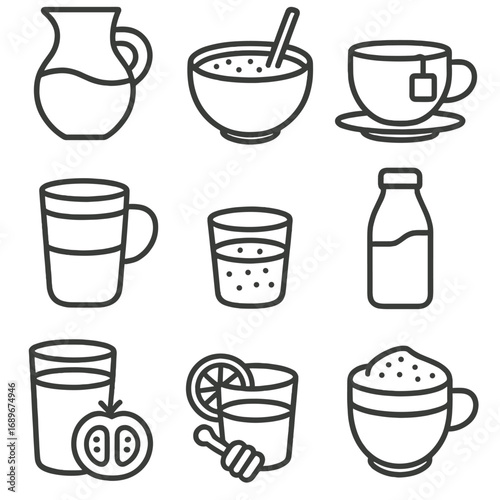 Breakfast Beverage Icons. Outline style icon of Breakfast Beverages: orange juice carafe, smoothie bowl straw, breakfast tea cup,
