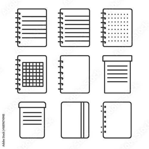 Spiral Notebook Icons. Outline style icon of Spiral Notebook Types: college-ruled pad, wide-ruled pad, dotted grid pad, graph