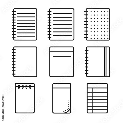 Spiral Notebook Icons. Outline style icon of Spiral Notebook Types: college-ruled pad, wide-ruled pad, dotted grid pad, graph