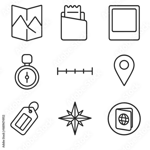 Travel Diary Icons. Outline style icon of Travel Diary Essentials: map foldout page, ticket stub pocket, polaroid frame slot, date