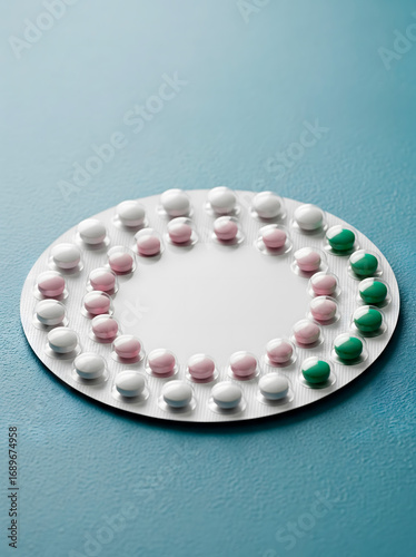 Birth control pill blister pack against a blue background. Medicine for women's health.