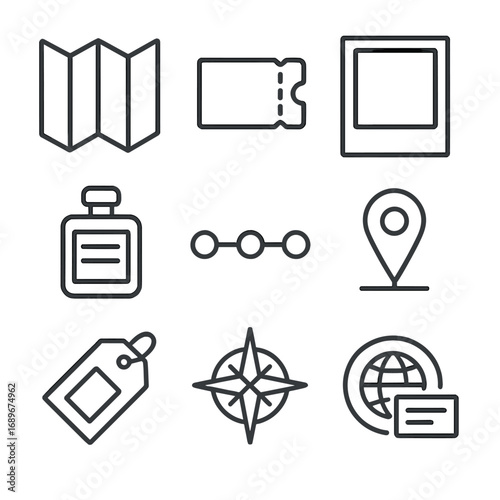 Travel Diary Icons. Outline style icon of Travel Diary Essentials: map foldout page, ticket stub pocket, polaroid frame slot, date
