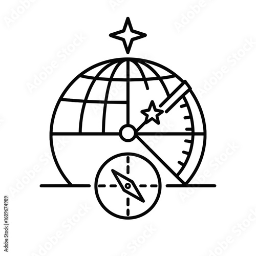Stellar Navigation Icons. Outline style icon of Stellar Navigation Basics: horizon line, meridian arc, Polaris marker, altitude