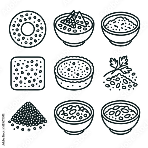 Savory Seed Icons. Outline style icon of Savory Seed Seasonings: everything bagel mix, sesame furikake, zaatar bowl, dukkah dish,