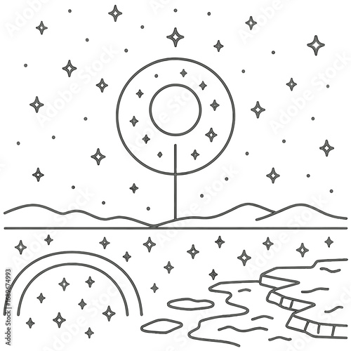 Arctic Night Phenomena. Outline style icon of Arctic Night Phenomena: polar night horizon, moon halo, diamond dust sparkle, light