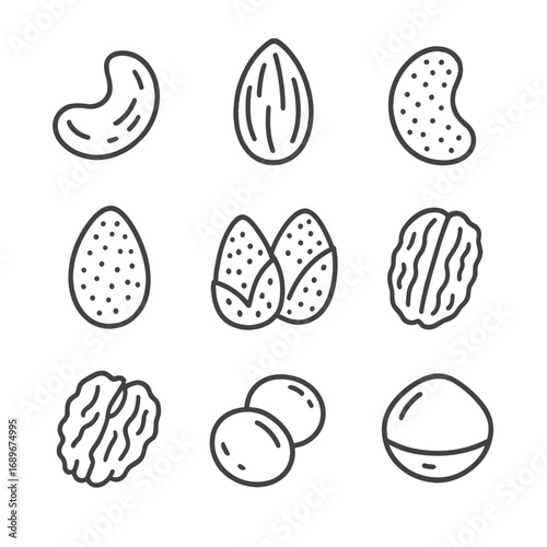 Outline Nut Mix Icons. Outline style icon of Spiced Nut Mixes: curry cashew, cinnamon-sugar almond, garam masala peanut, sriracha
