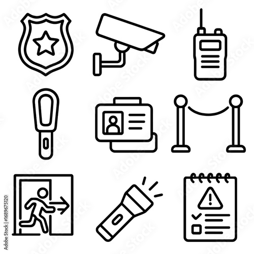 Nighttime Security Essentials. Outline style icon of Nighttime Security: bouncer badge, CCTV camera, security radio, metal