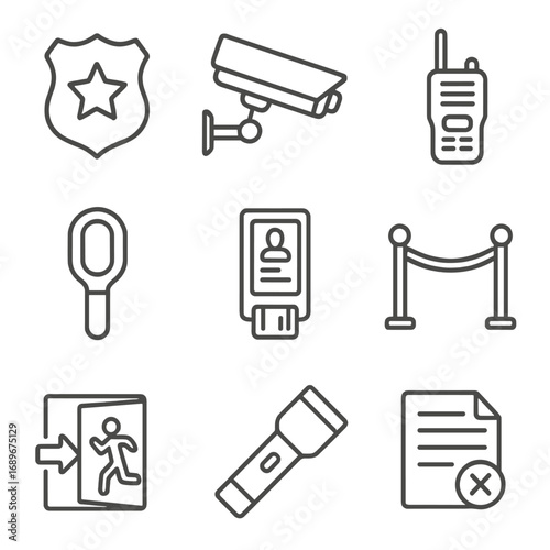 Nighttime Security Essentials. Outline style icon of Nighttime Security: bouncer badge, CCTV camera, security radio, metal