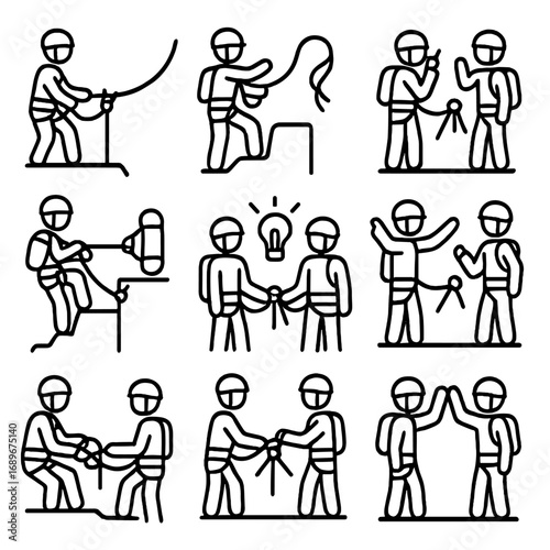 Canyoning Teamwork Icon. Outline style icon of Canyoning Multi-Pitch Teamwork: belay station, rope toss down, radio call, haul
