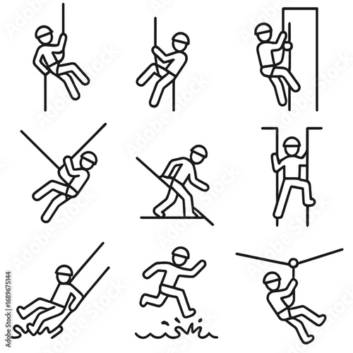 Descent Techniques Icons. Outline style icon of Descent Techniques: single rope rappel, double rope, fireman belay, guided rappel,