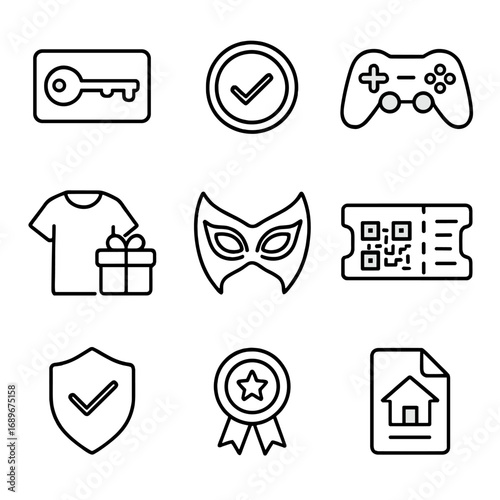 Future NFT Utilities Icons. Outline style icon of Future NFT Utilities: access pass key, DAO vote chip, game boost icon, merch