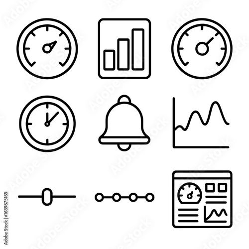 Network Monitoring Icons. Outline style icon of Network Performance Monitoring: latency gauge, jitter bar, bandwidth meter, SLA
