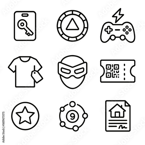 Future NFT Utilities Icons. Outline style icon of Future NFT Utilities: access pass key, DAO vote chip, game boost icon, merch