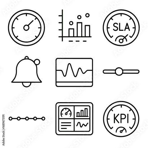Network Monitoring Icons. Outline style icon of Network Performance Monitoring: latency gauge, jitter bar, bandwidth meter, SLA
