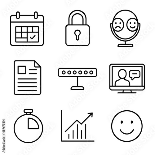 Therapy Tools Icons. Outline style icon of Therapy & Counseling Aids: appointment calendar, confidentiality lock, empathy mirror,