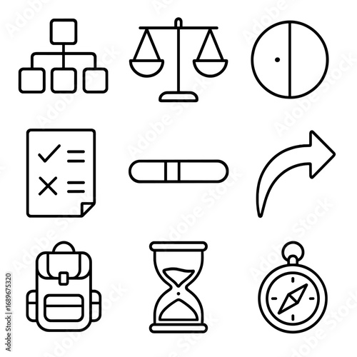 Uncertainty Navigation Icons. Outline style icon of Uncertainty Navigation Maps: decision tree, pros-cons scale, controllable