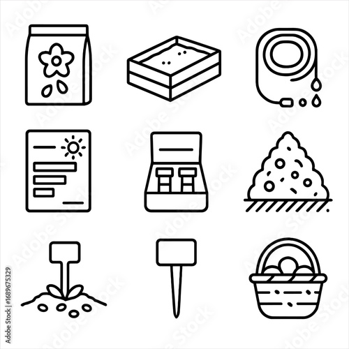 Garden Planning Icons. Outline style icon of Dye Garden Planning: seed packet, raised bed box, drip line hose, sun exposure chart,