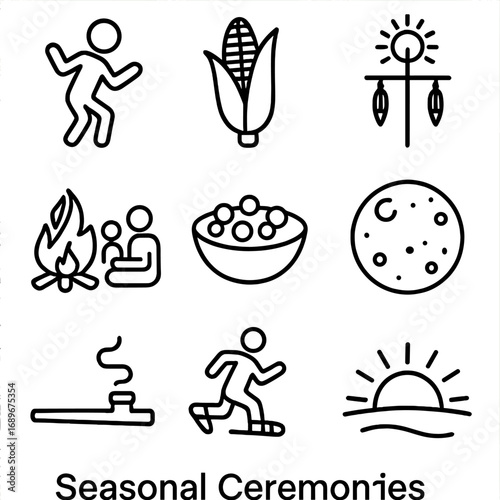 Seasonal Ceremony Icons. Outline style icon of Seasonal Ceremonies: planting dance step, green corn ear, sun dance pole, winter