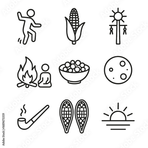 Seasonal Ceremony Icons. Outline style icon of Seasonal Ceremonies: planting dance step, green corn ear, sun dance pole, winter