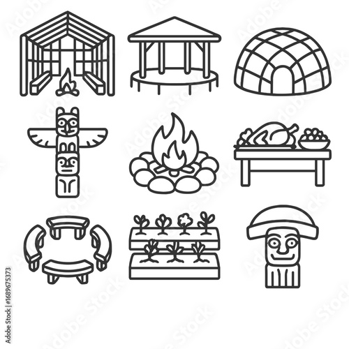 Community Gathering Icons. Outline style icon of Community Gathering Spaces: longhouse interior, round dance arbor, sweat lodge