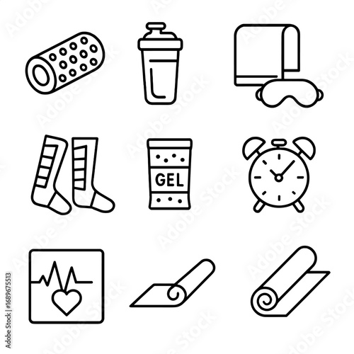 Post-Workout Recovery Icons. Outline style icon of Post-Workout Nap Recovery: foam roller, protein shake, sweat towel, blackout