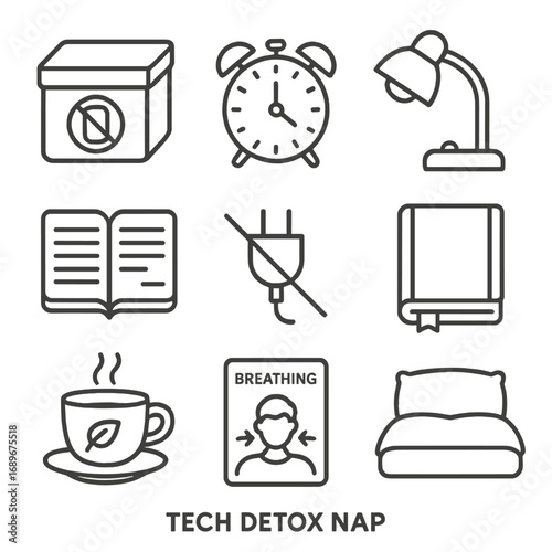 Tech Detox Essentials. Outline style icon of Tech Detox Nap: phone-free box, analog clock, paper journal, reading lamp, offline